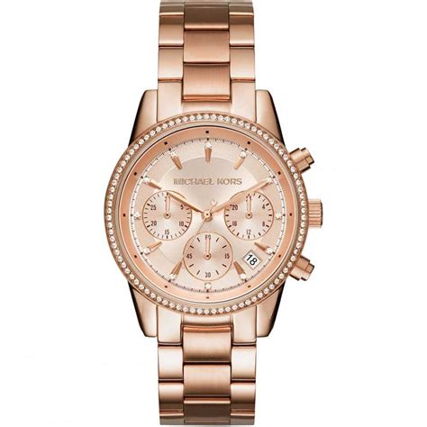 michael kors ritz rose gold plated crystal chronograph ladies watch|ritz rose gold tone watch.